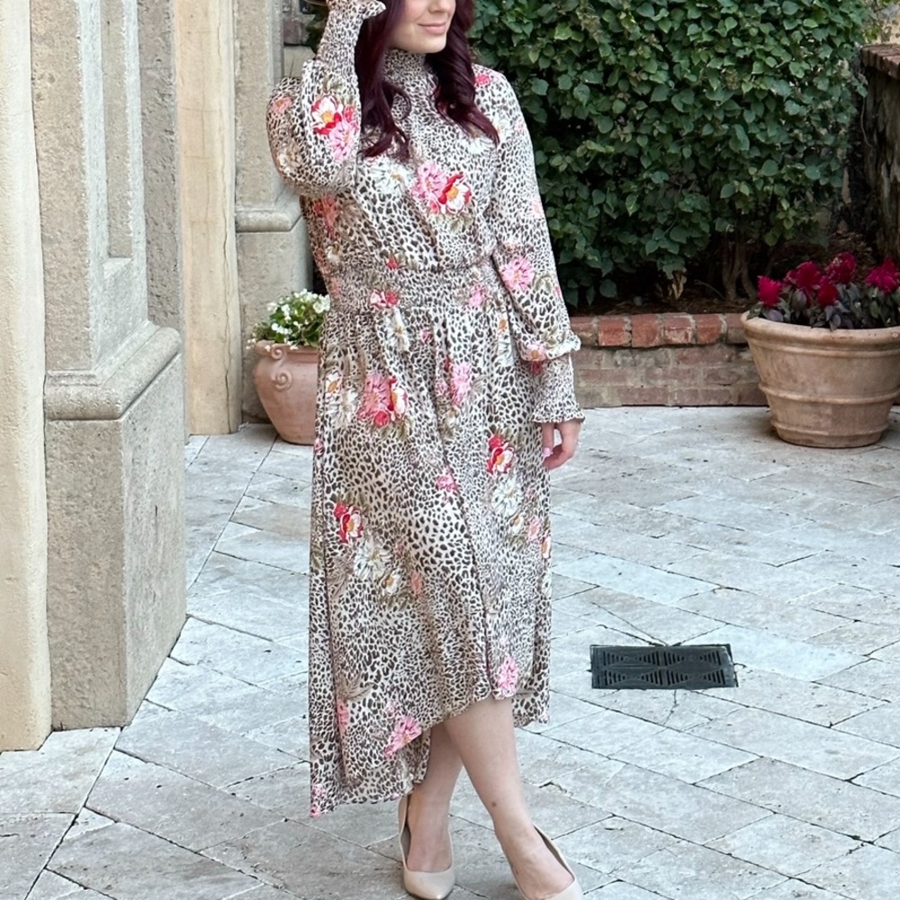Long sleeve leopard & floral dress with cinched wrists + waist